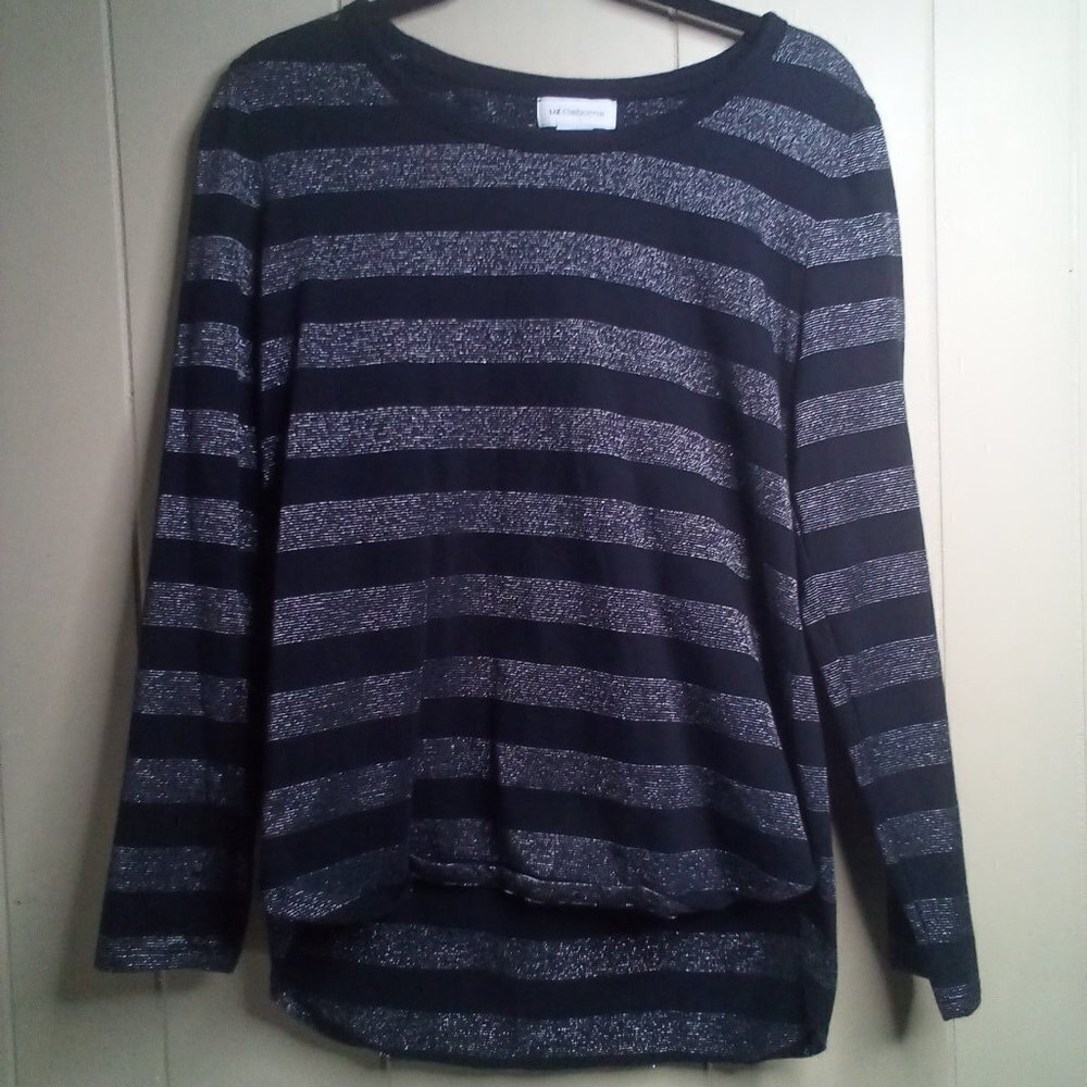 Liz Claiborne Blouse L Long Sleeve Stripe Black Silver
